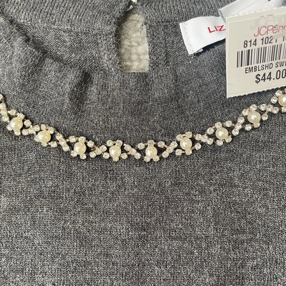 Liz Claiborne Sweater Womens XS Grey Crystal Pearl Detail Soft Knit Top NEW - Picture 4 of 9